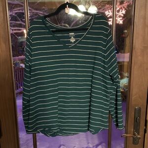 Stylish Forest Green Striped V-Neck Long Sleeve Top